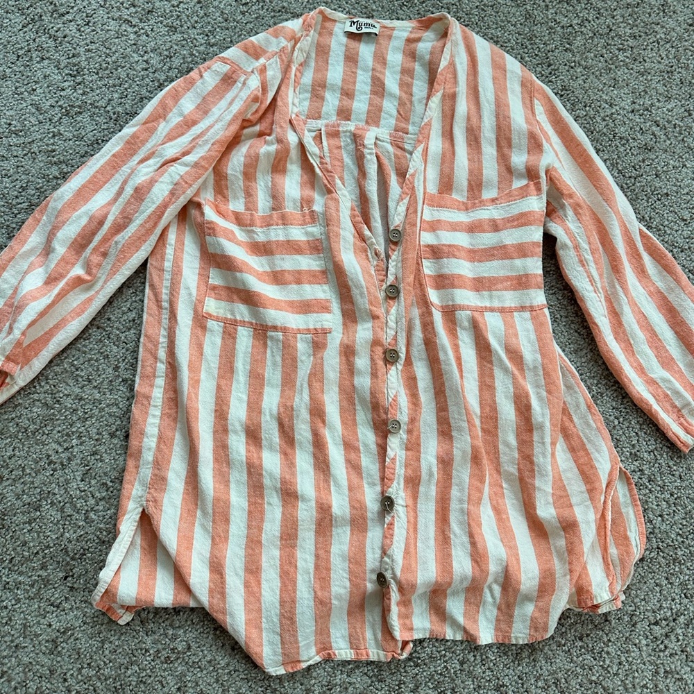 Show Me Your MuMu John’s Peach and White Striped Button-Down Shirt